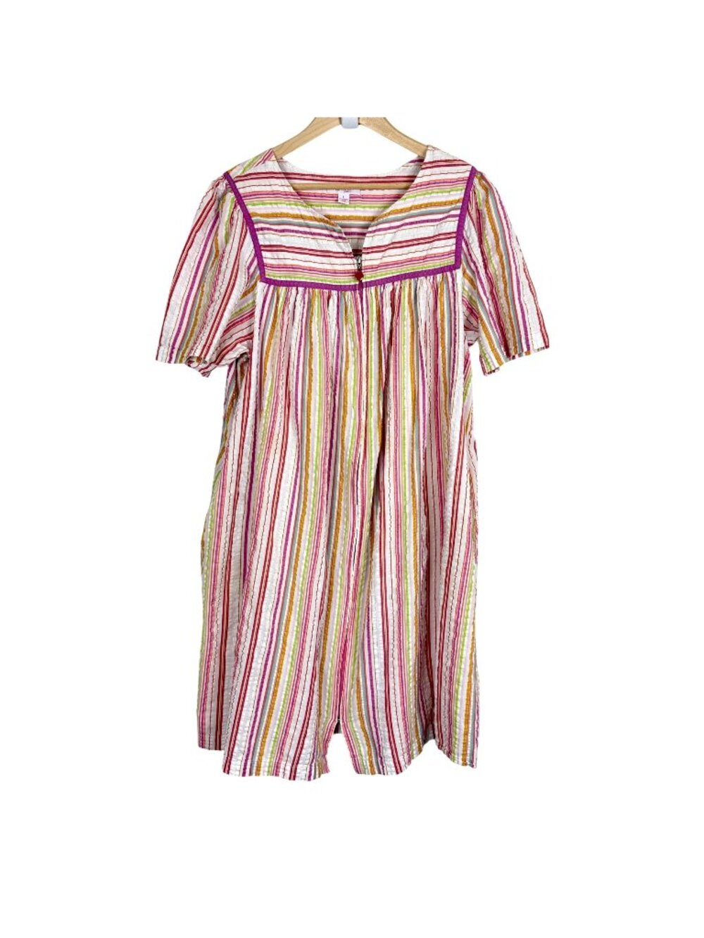 Vtg Go Softly Patio House Dress Large Multicolor Striped Cotton Blend Full Zip